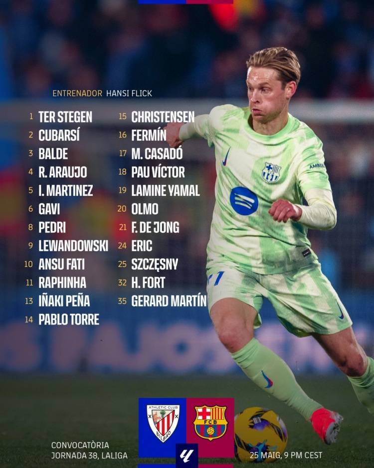 巴萨联赛收官战大名单：亚马尔、拉菲尼亚在列，阿劳霍回归