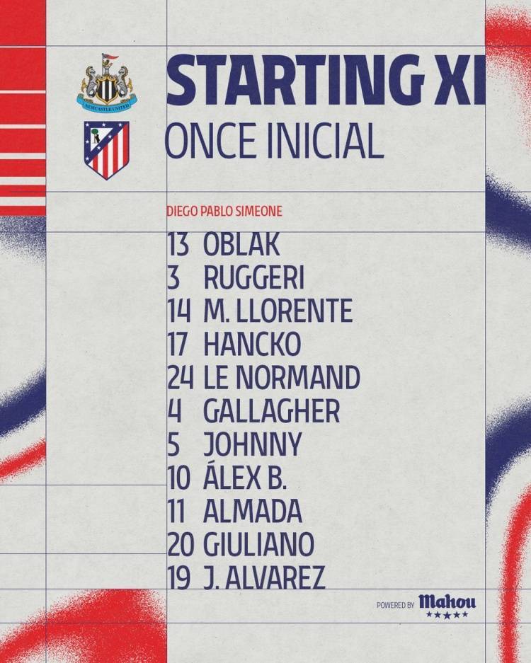 纽卡vs马竞首发：托纳利、伊兰加先发，阿尔瓦雷斯、加拉格尔出战