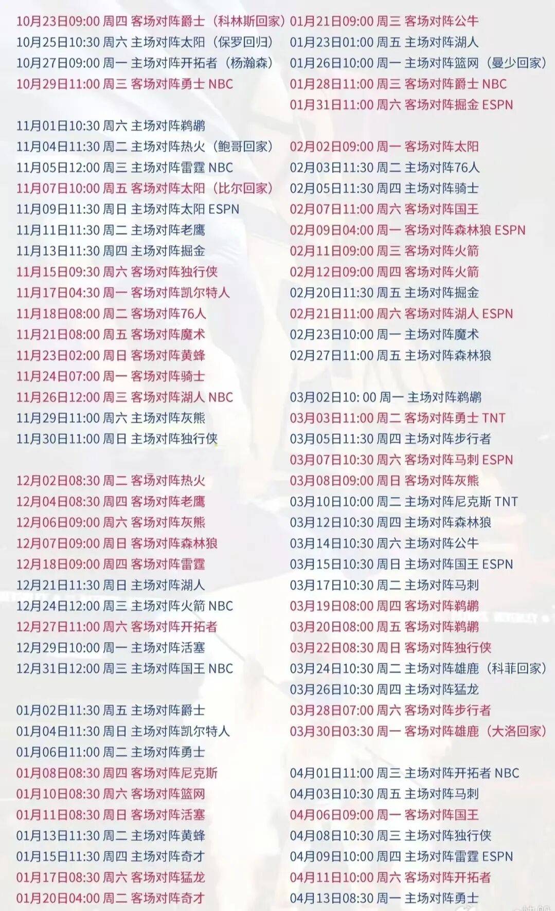 收藏！快船2025-26赛季常规赛完整赛程对阵时间表！